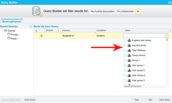 Query Builder Environment Requests combo box red arrow