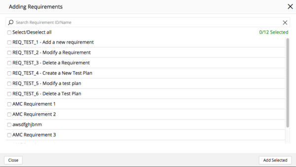Adding Requirements Test Plan pop up